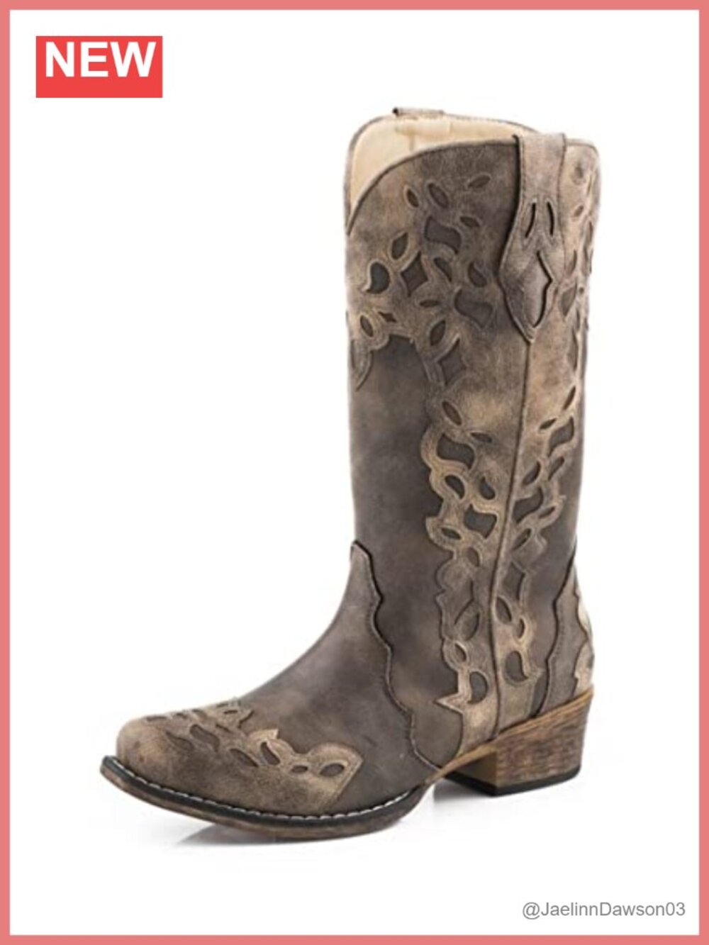 Women's Mid-Calf Pull-On Western Boots with Laser Cut-Out Shaft Overlay